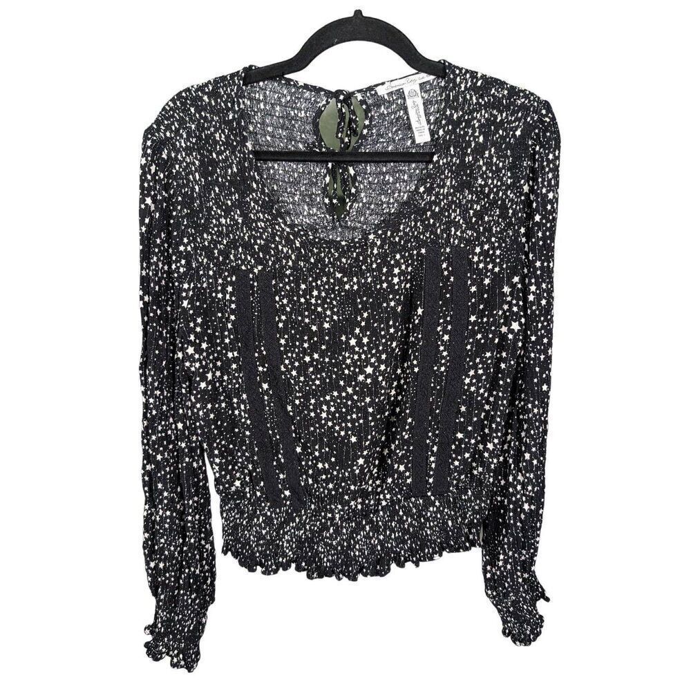 American Rag Cie Lace Stared Long Sleeve Black and white Scrumchy Waist Top Wome